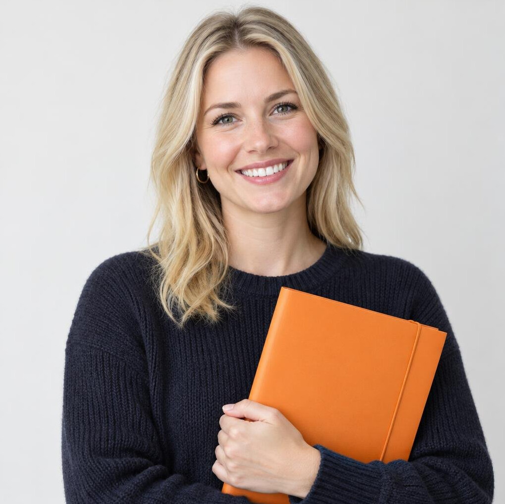 Smiling woman holding an orange folder in a studio